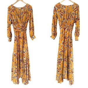 Indigo Rose Medium‎ Maxi Dress Yellow Floral V-Neck Belted Cottage Core Flowy
